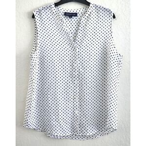 Top/Blouse-Jones New York-White With Black Polka Dots-Sleeveless-V-Neck-Size L